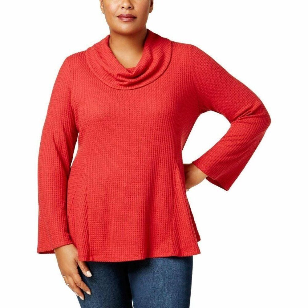 STYLE & CO  Red Waffle Weave Cowl Neck Bell Sleeve Top‎ sz 1x NEW